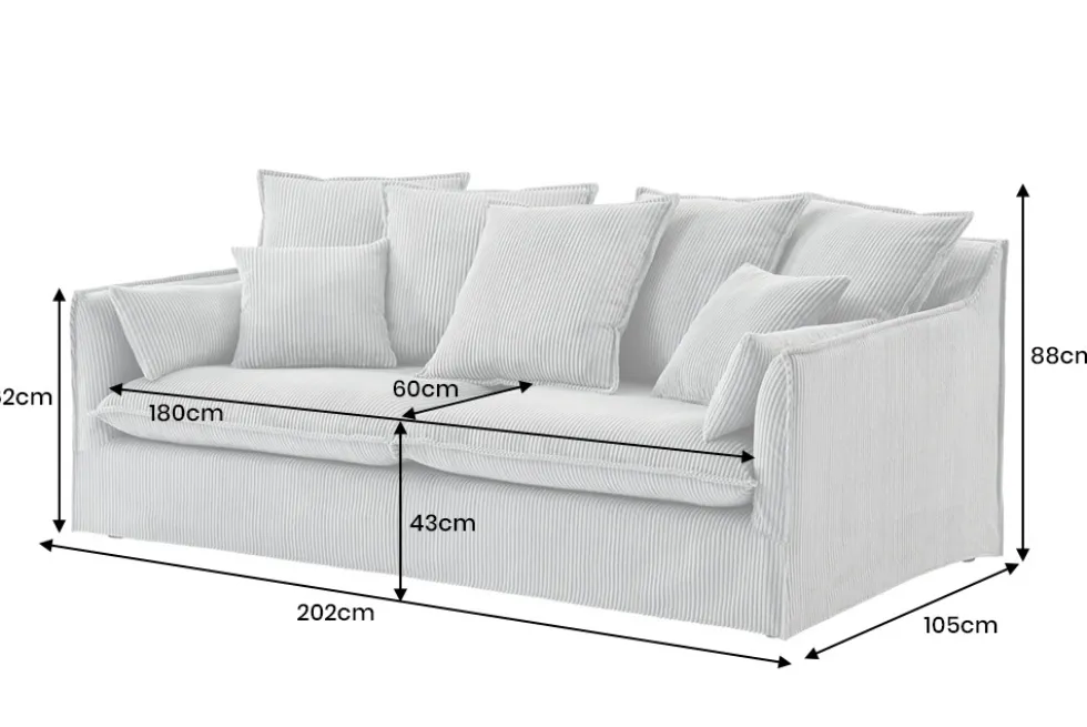 Großes 3-Sitzer Sofa HEAVEN 200cm hellgrau Cord Federkern Hussensofa abnehmbarer Bezug