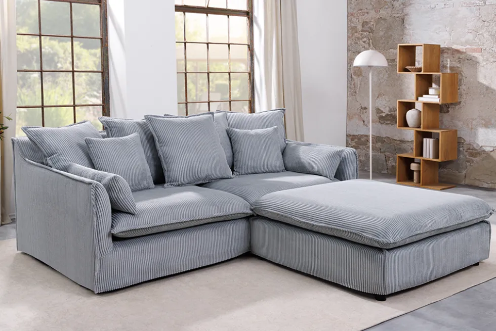 Großes 3-Sitzer Sofa HEAVEN 200cm hellgrau Cord Federkern Hussensofa abnehmbarer Bezug