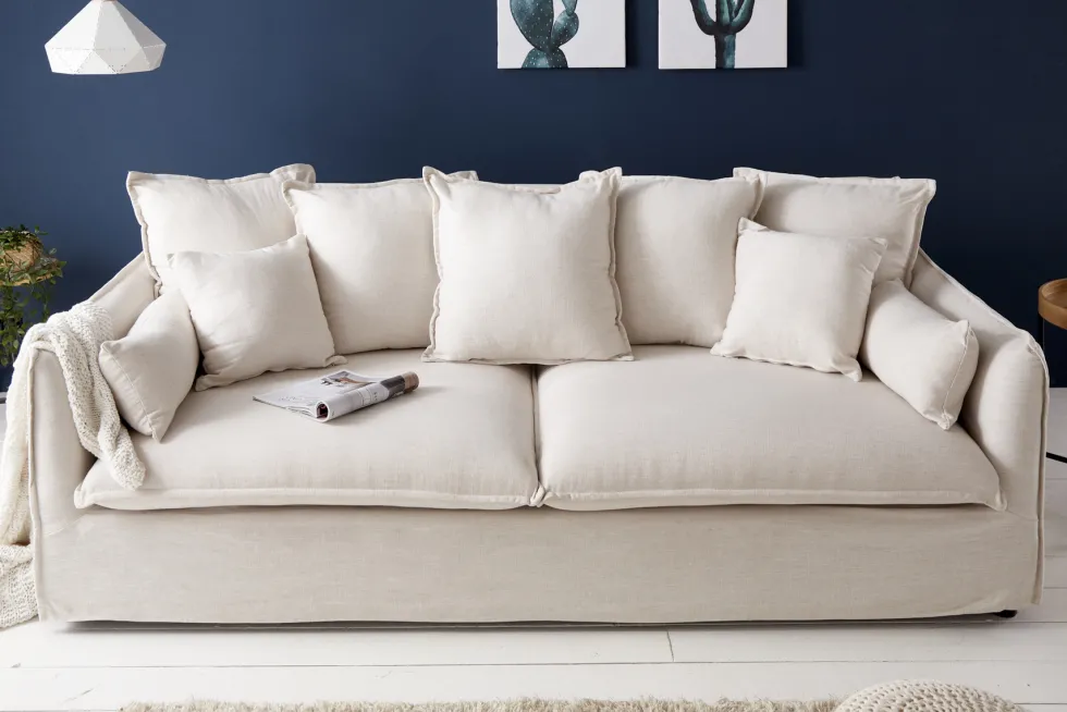 Großes 3-Sitzer Sofa HEAVEN 200cm natur beige Leinenstoff Federkern Hussensofa