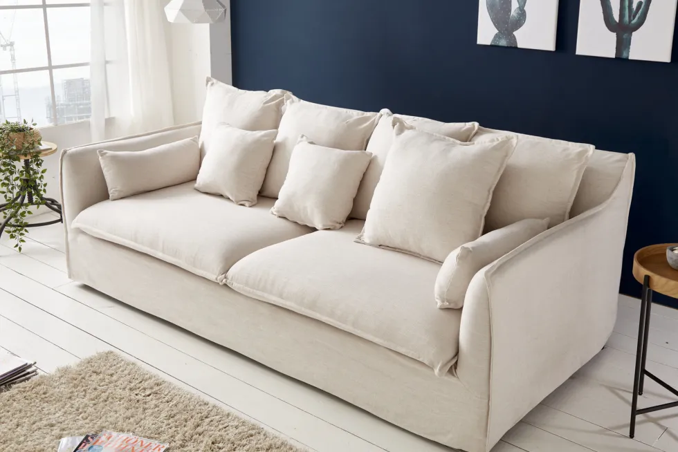 Großes 3-Sitzer Sofa HEAVEN 200cm natur beige Leinenstoff Federkern Hussensofa
