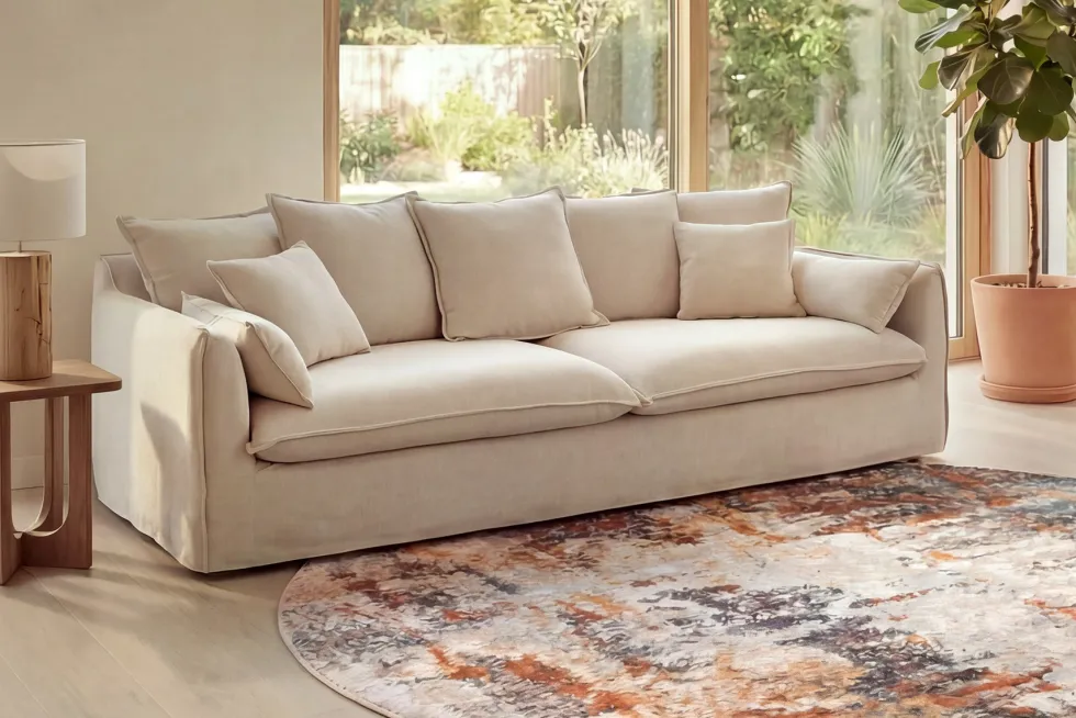 Großes 3-Sitzer Sofa HEAVEN 200cm natur beige Leinenstoff Federkern Hussensofa