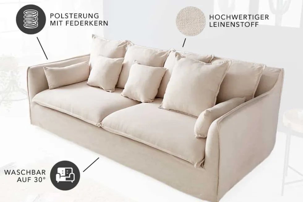 Großes 3-Sitzer Sofa HEAVEN 200cm natur beige Leinenstoff Federkern Hussensofa