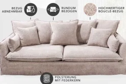 Großes 3-Sitzer Sofa HEAVEN 200cm champagner beige Bouclé Federkern Hussensofa