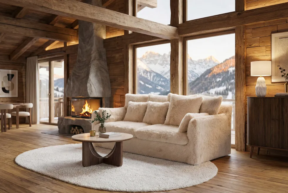 Großes 3-Sitzer Sofa YETI 200cm beige sand langfloriger Plüsch Shaggy-Stoff