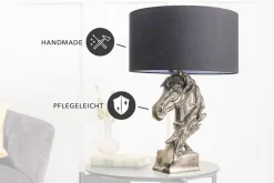 Handgearbeitete Tischlampe CABALLO 60cm silber schwarz Metall Baumwolle Pferde-Skulptur