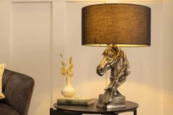 Handgearbeitete Tischlampe CABALLO 60cm silber schwarz Metall Baumwolle Pferde-Skulptur