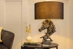 Handgearbeitete Tischlampe CABALLO 60cm silber schwarz Metall Baumwolle Pferde-Skulptur
