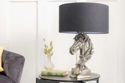 Handgearbeitete Tischlampe CABALLO 60cm silber schwarz Metall Baumwolle Pferde-Skulptur