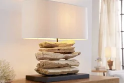 Handgearbeitete Treibholz Lampe RIVERINE 55cm creme Leinenschirm Tischleuchte