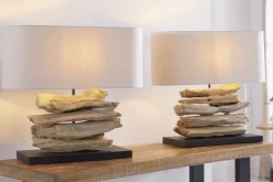Handgearbeitete Treibholz Lampe RIVERINE 55cm creme Leinenschirm Tischleuchte