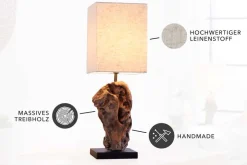 Handgearbeitete Treibholz Tischlampe HYPNOTIC 45cm beige mit Leinenschirm