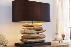 Handgearbeitete Treibholz Lampe RIVERINE 55cm schwarz Leinenschirm Tischleuchte