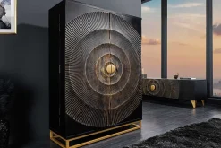 Handgearbeiteter Barschrank GOLDEN SUNSET 140cm schwarz gold Mangoholz massiv