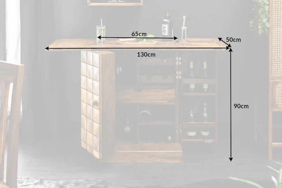 Handgearbeiteter Barschrank MOSAICO 130cm braun Sheeshamholz stone finish 3D Effekt