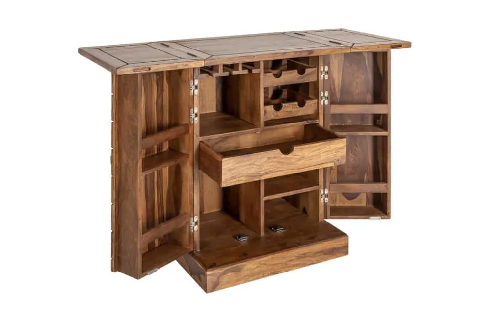 Handgearbeiteter Barschrank MOSAICO 130cm braun Sheeshamholz stone finish 3D Effekt