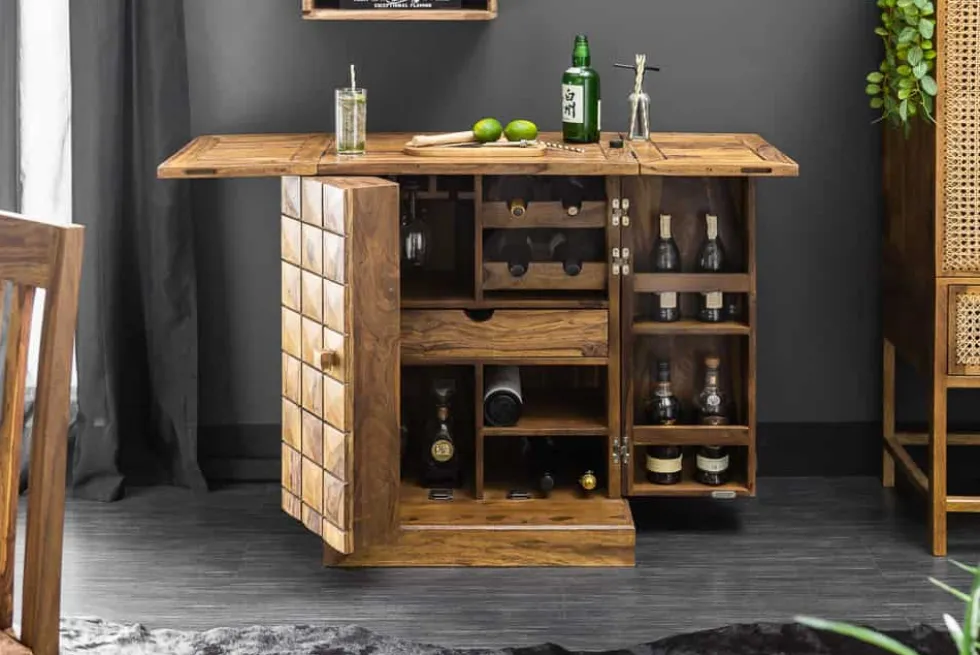 Handgearbeiteter Barschrank MOSAICO 130cm braun Sheeshamholz stone finish 3D Effekt