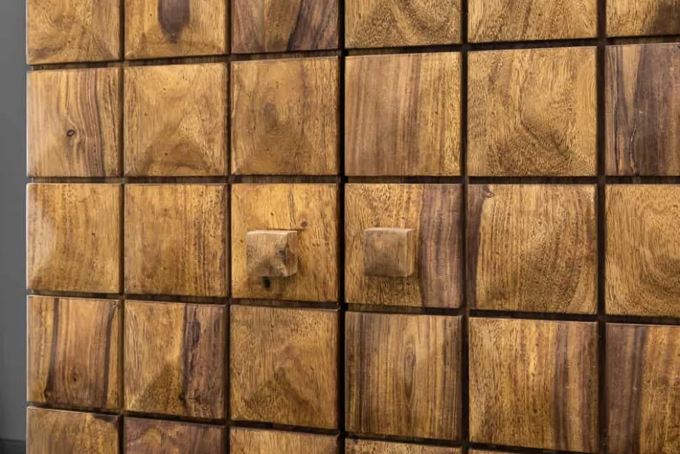 Handgearbeiteter Barschrank MOSAICO 130cm braun Sheeshamholz stone finish 3D Effekt