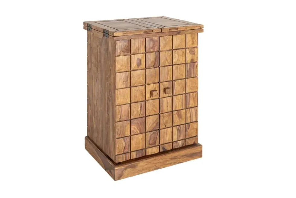 Handgearbeiteter Barschrank MOSAICO 130cm braun Sheeshamholz stone finish 3D Effekt