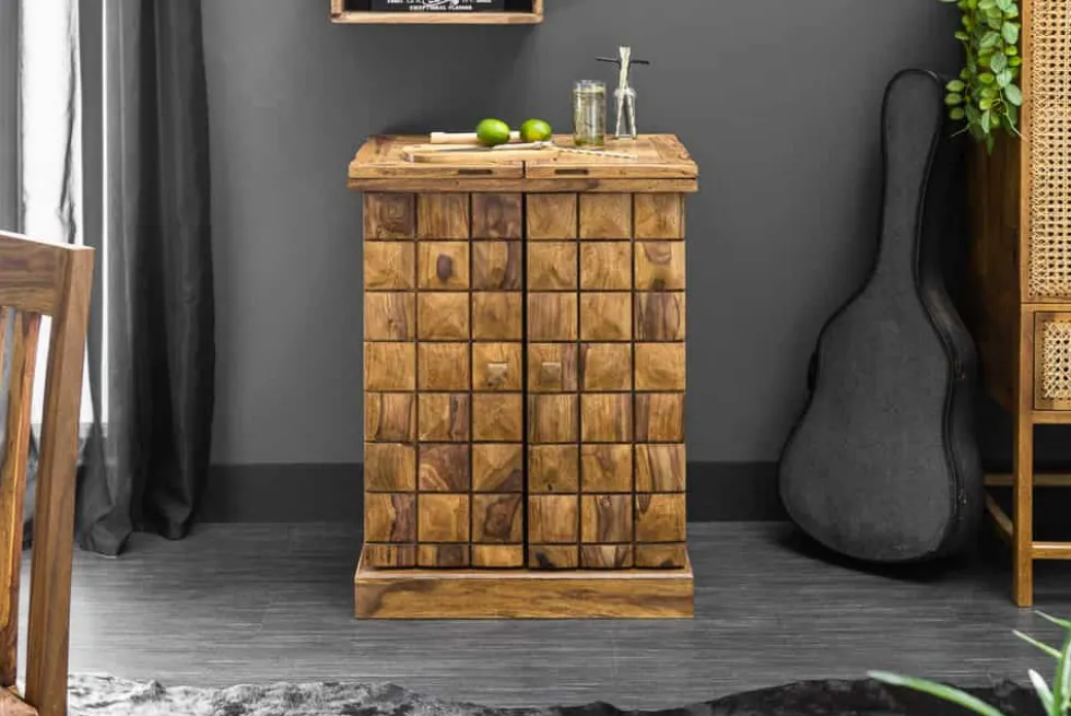 Handgearbeiteter Barschrank MOSAICO 130cm braun Sheeshamholz stone finish 3D Effekt