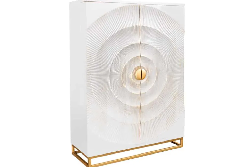 Handgearbeiteter Barschrank GOLDEN SUNSET 140cm weiß gold Mangoholz massiv