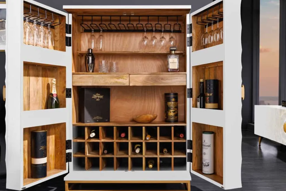 Handgearbeiteter Barschrank GOLDEN SUNSET 140cm weiß gold Mangoholz massiv
