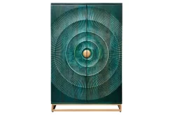Handgearbeiteter Barschrank GOLDEN SUNSET 140cm türkis Mangoholz massiv
