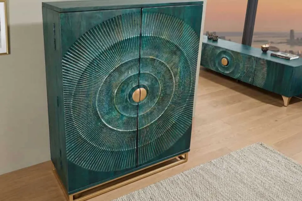 Handgearbeiteter Barschrank GOLDEN SUNSET 140cm türkis Mangoholz massiv