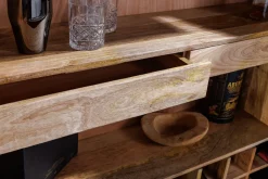 Handgearbeiteter Barschrank GOLDEN SUNSET 140cm türkis Mangoholz massiv