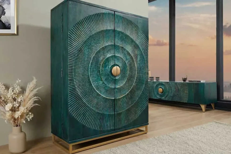 Handgearbeiteter Barschrank GOLDEN SUNSET 140cm türkis Mangoholz massiv
