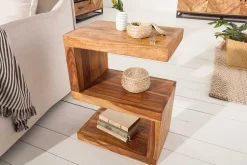 Handgearbeiteter Beistelltisch S 60cm braun Sheesham Massivholz stone finish Ablage