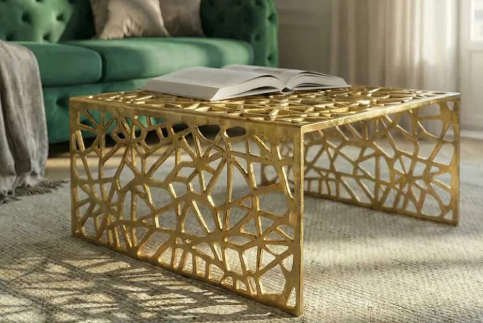 Handgearbeiteter Couchtisch ABSTRACT 60cm Alu gold im Gap Design