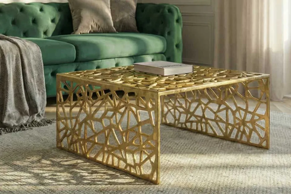Handgearbeiteter Couchtisch ABSTRACT 60cm Alu gold im Gap Design
