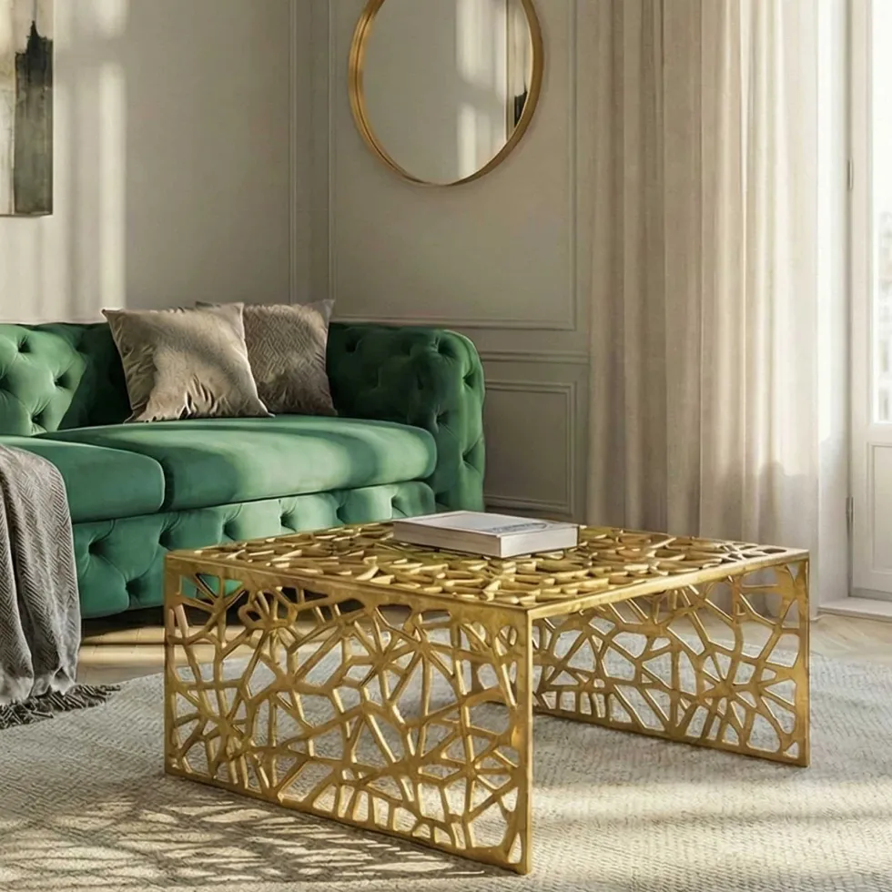 Handgearbeiteter Couchtisch ABSTRACT 60cm Alu gold im Gap Design