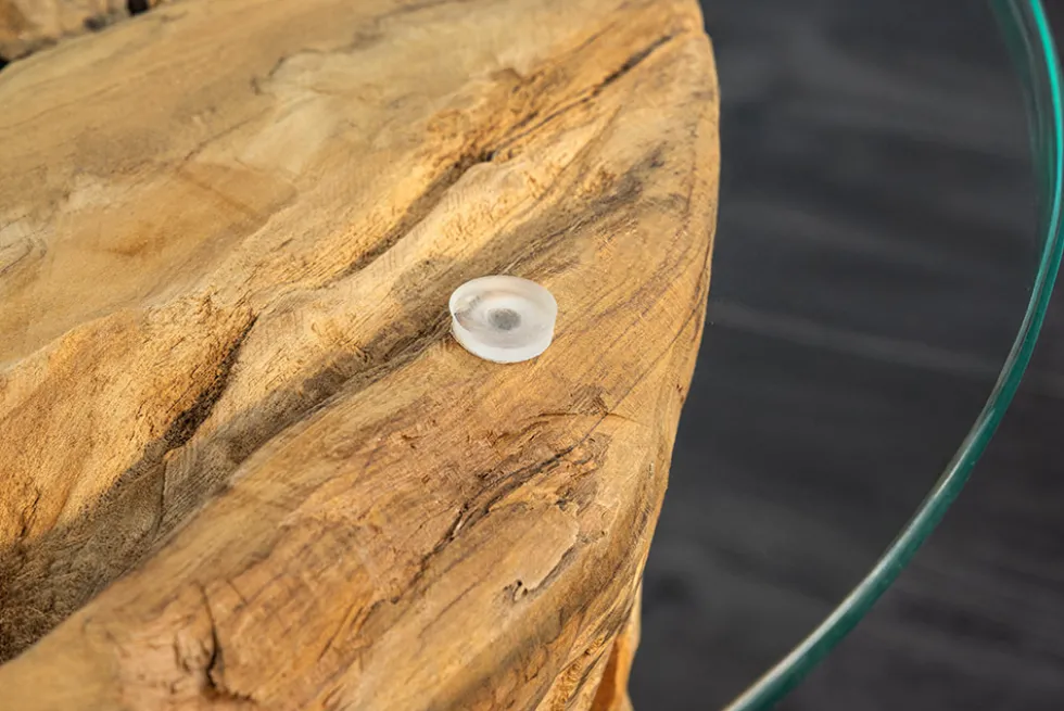 Handgearbeiteter Couchtisch RIVERSIDE 60cm Teakholz runde Glasplatte Massivholz