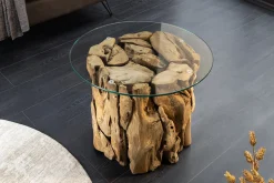 Handgearbeiteter Couchtisch RIVERSIDE 60cm Teakholz runde Glasplatte Massivholz