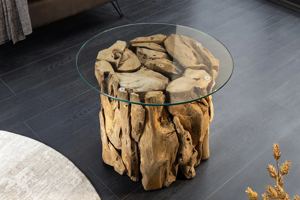 Handgearbeiteter Couchtisch RIVERSIDE 60cm Teakholz runde Glasplatte Massivholz