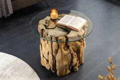 Handgearbeiteter Couchtisch RIVERSIDE 60cm Teakholz runde Glasplatte Massivholz