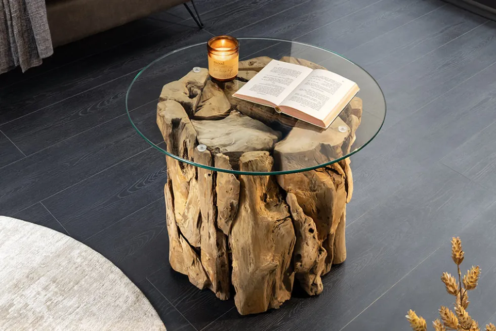 Handgearbeiteter Couchtisch RIVERSIDE 60cm Teakholz runde Glasplatte Massivholz