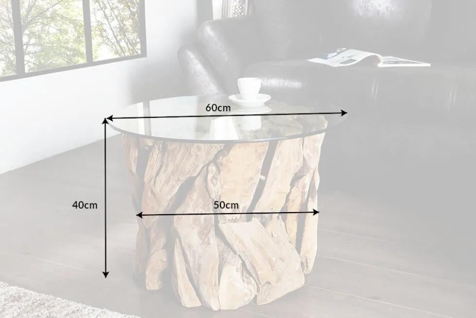 Handgearbeiteter Couchtisch RIVERSIDE 60cm Teakholz runde Glasplatte Massivholz