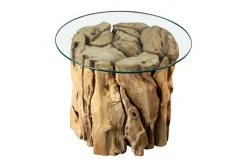 Handgearbeiteter Couchtisch RIVERSIDE 60cm Teakholz runde Glasplatte Massivholz