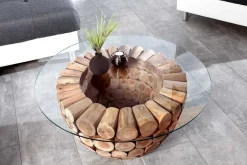 Handgearbeiteter Couchtisch PURE NATURE 70cm Teak Massivholz rund mit Glasplatte