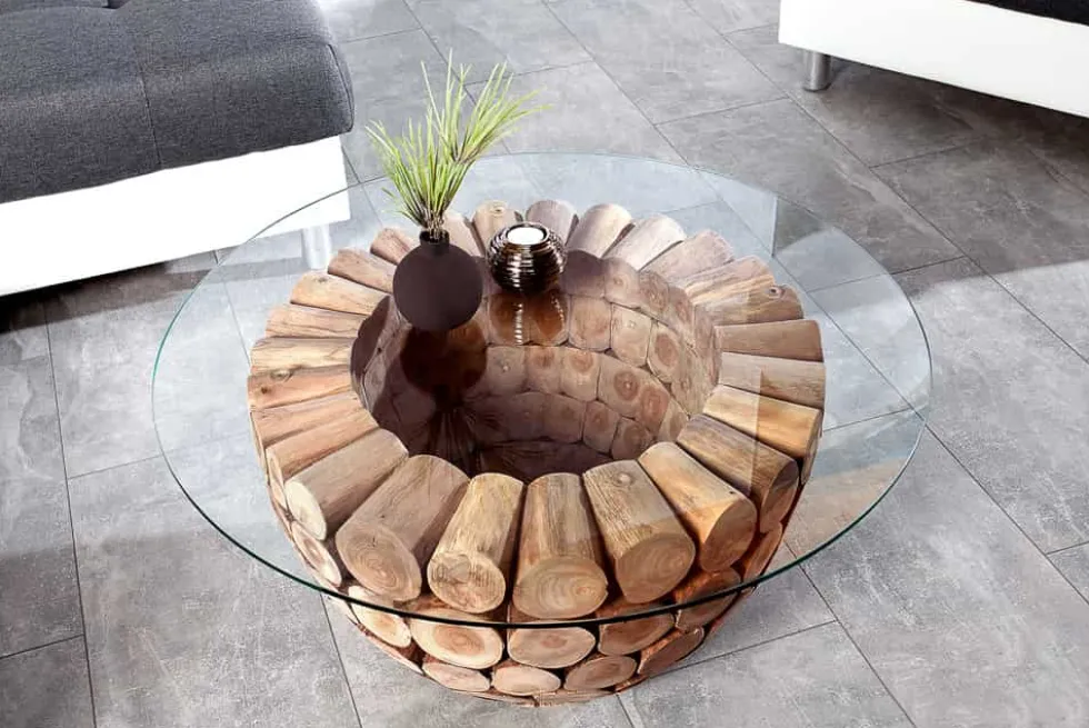 Handgearbeiteter Couchtisch PURE NATURE 70cm Teak Massivholz rund mit Glasplatte
