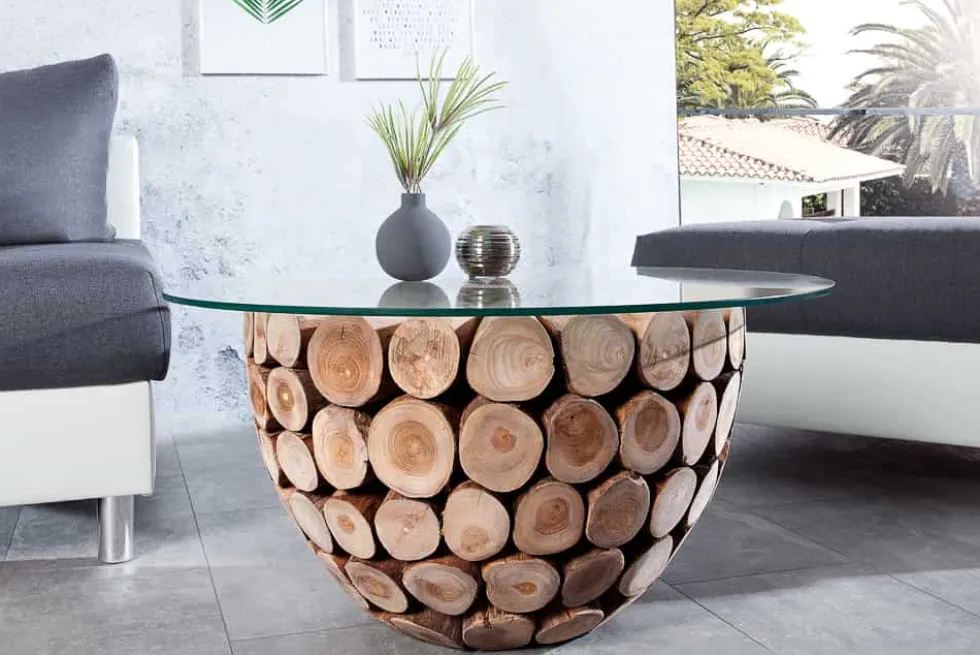 Handgearbeiteter Couchtisch PURE NATURE 70cm Teak Massivholz rund mit Glasplatte