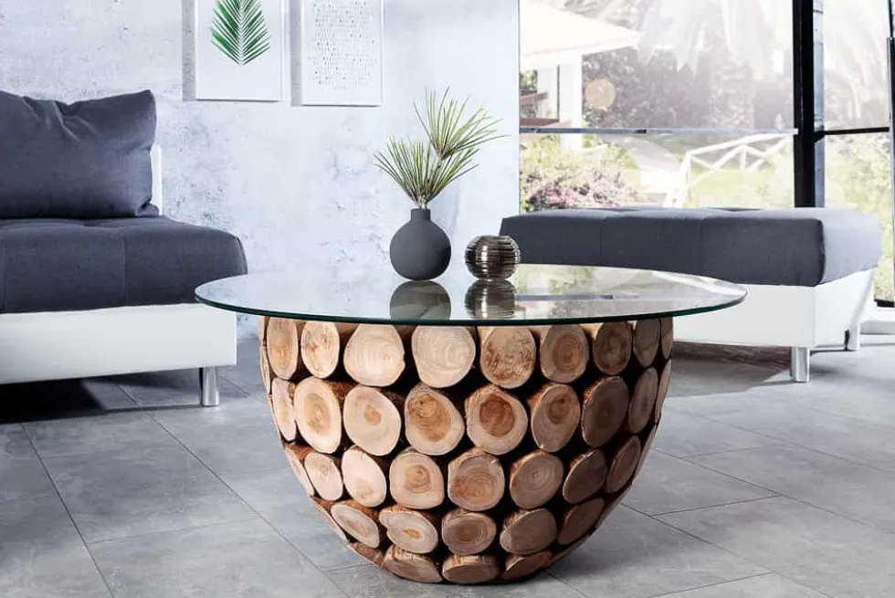 Handgearbeiteter Couchtisch PURE NATURE 70cm Teak Massivholz rund mit Glasplatte