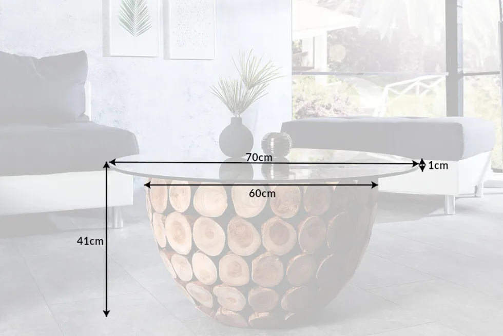 Handgearbeiteter Couchtisch PURE NATURE 70cm Teak Massivholz rund mit Glasplatte