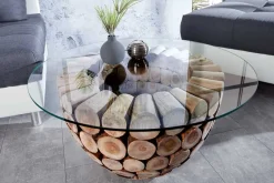 Handgearbeiteter Couchtisch PURE NATURE 70cm Teak Massivholz rund mit Glasplatte