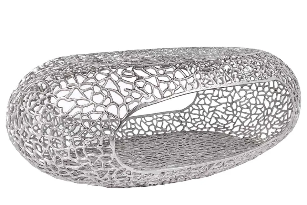 Handgearbeiteter Couchtisch ORGANIC 120cm silber Metall Blatt-Design mit Stauraum