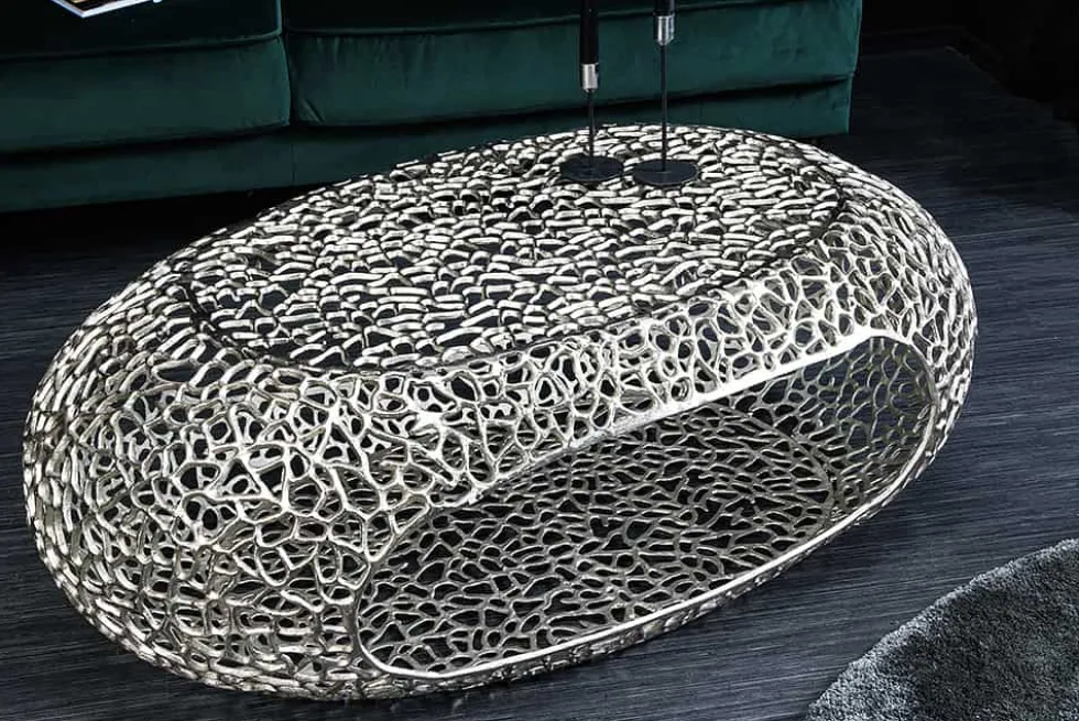 Handgearbeiteter Couchtisch ORGANIC 120cm silber Metall Blatt-Design mit Stauraum