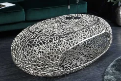 Handgearbeiteter Couchtisch ORGANIC 120cm silber Metall Blatt-Design mit Stauraum