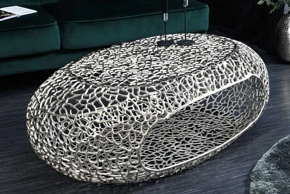 Handgearbeiteter Couchtisch ORGANIC 120cm silber Metall Blatt-Design mit Stauraum